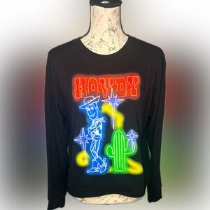 Disney Black Long Sleeve Tee with Neon Cowboy and Cactus